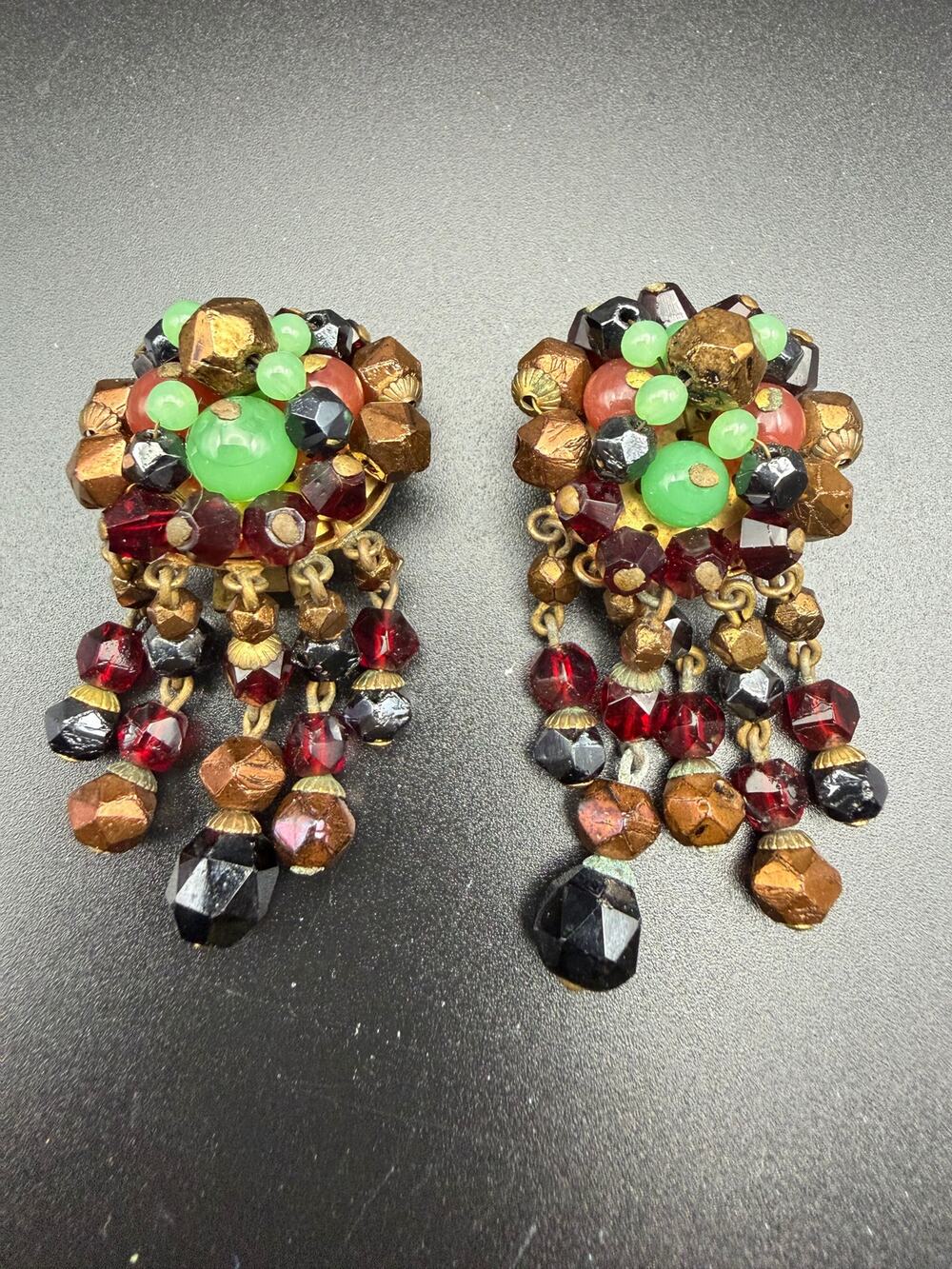 Vintage clip-on earrings brown cluster beads dangle costume jewelry mid century